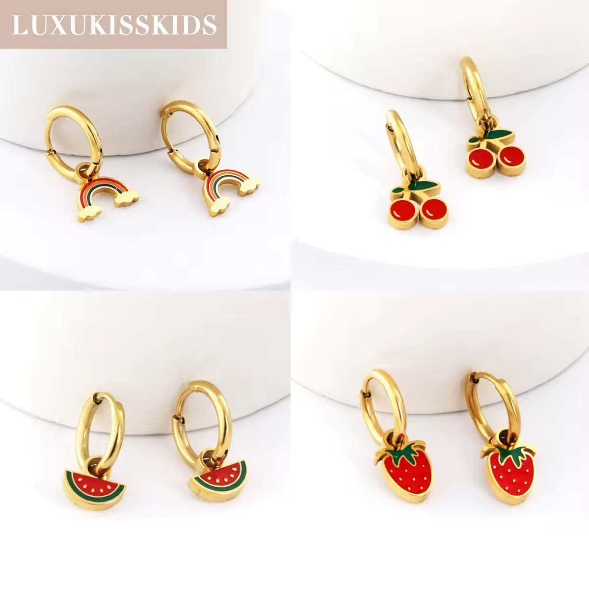 LUXUKISSKIDS תכשיטי תות צ'ארמס עגילים חמודים בצורת דובדבן אדום לילדות / נשים אביזרי פירות מפלדה מתנות