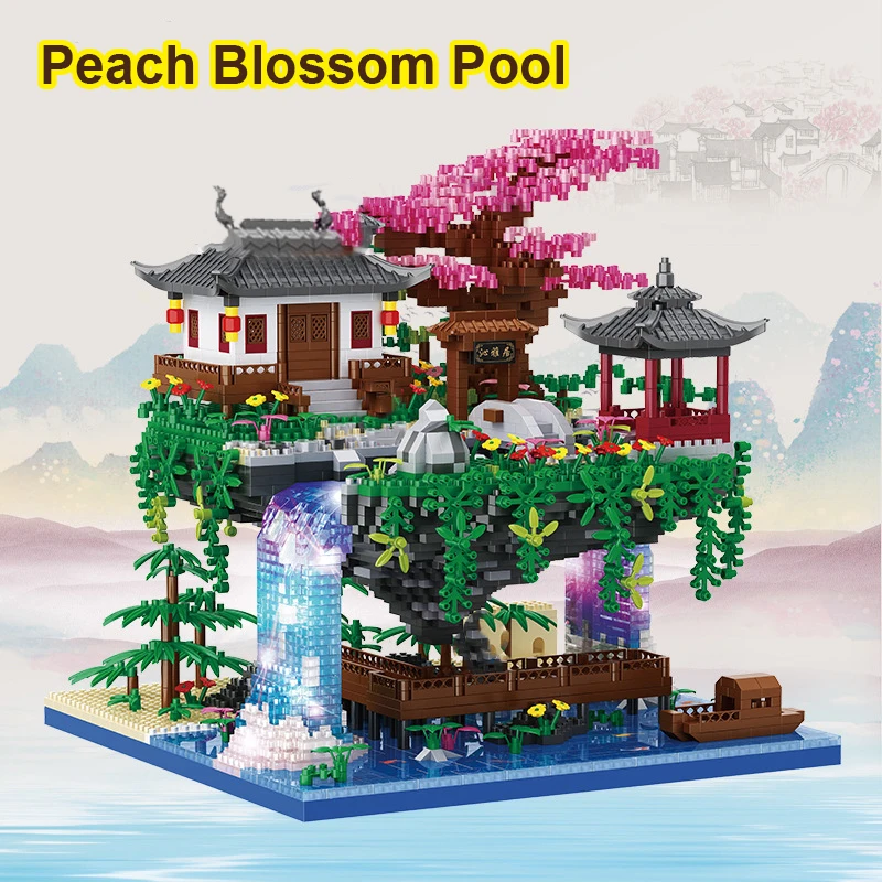 3320Pcs Peach Blossom Pool Air Tree House Building Blocks Suzhou Garden DIY Assembly Bricks Toy LED Light Mini Diamond For Kid