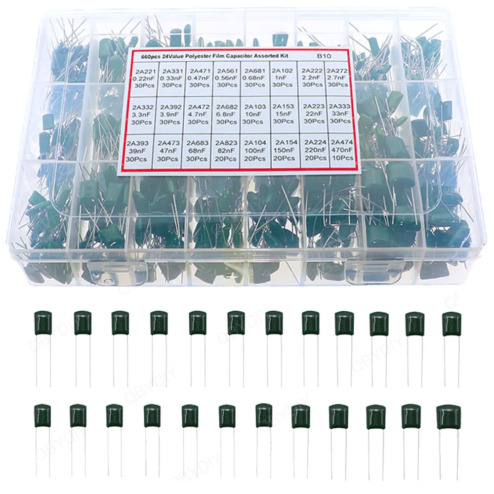 Zestaw kondensatorów foliowych poliestrowych 100V-630V, różne modele: 2A221 3A471 2A681 2A102 2A222 2A392 2A472 2A682 2A103 2A223 2A333 2A224 2A474