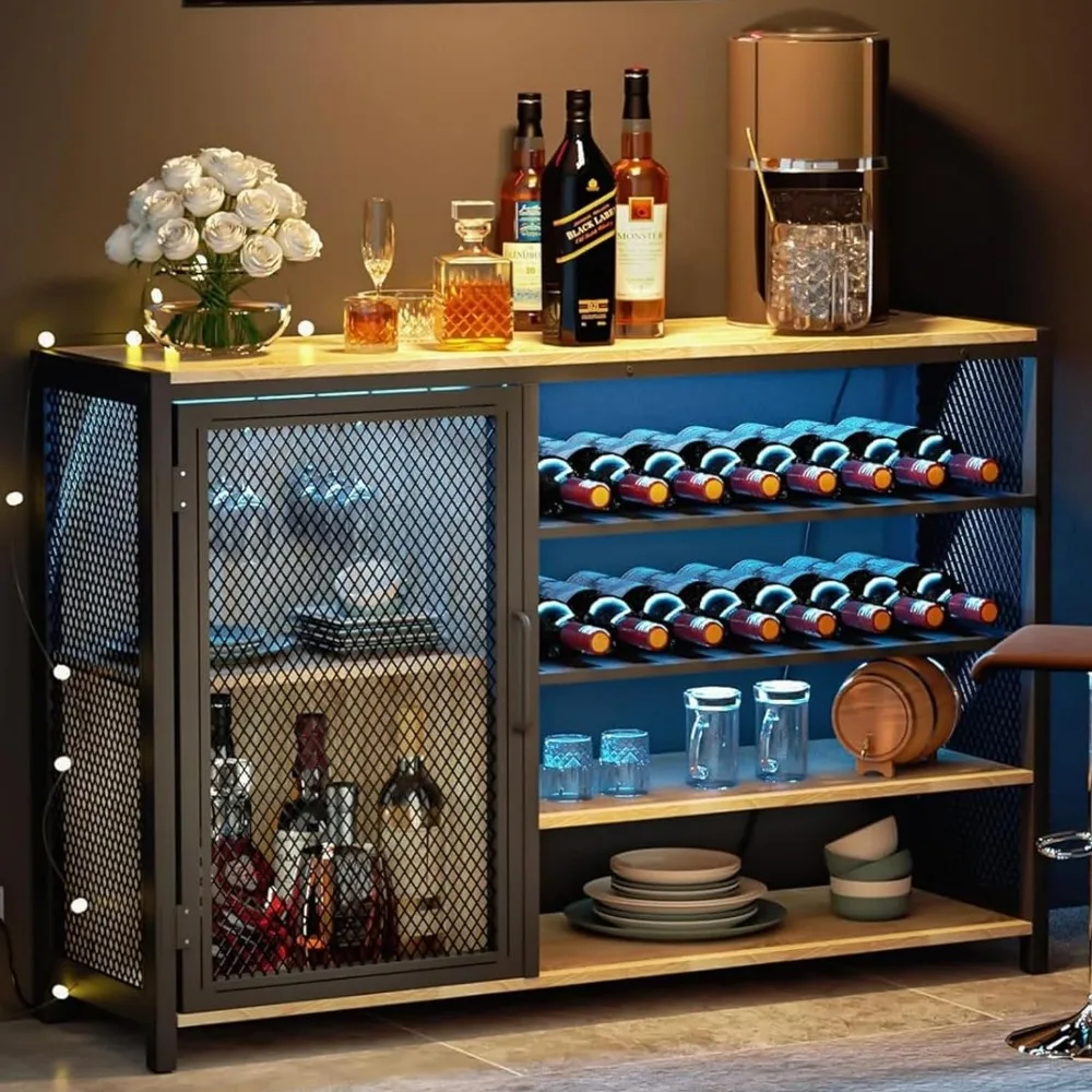 Armoire de bar à vin avec lumières LED RVB, bar d'angle avec prise de courant, salle à manger et salon, supports de réfrigérateur T1, maison, 49 po