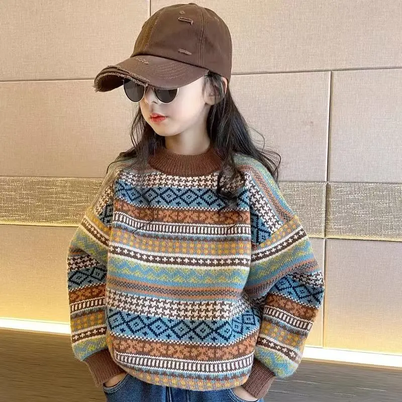 

Girls' Sweater Spring and Autumn New Children's Knitted Sweater Boys' Thick Retro Warm Sweater 100-170CM