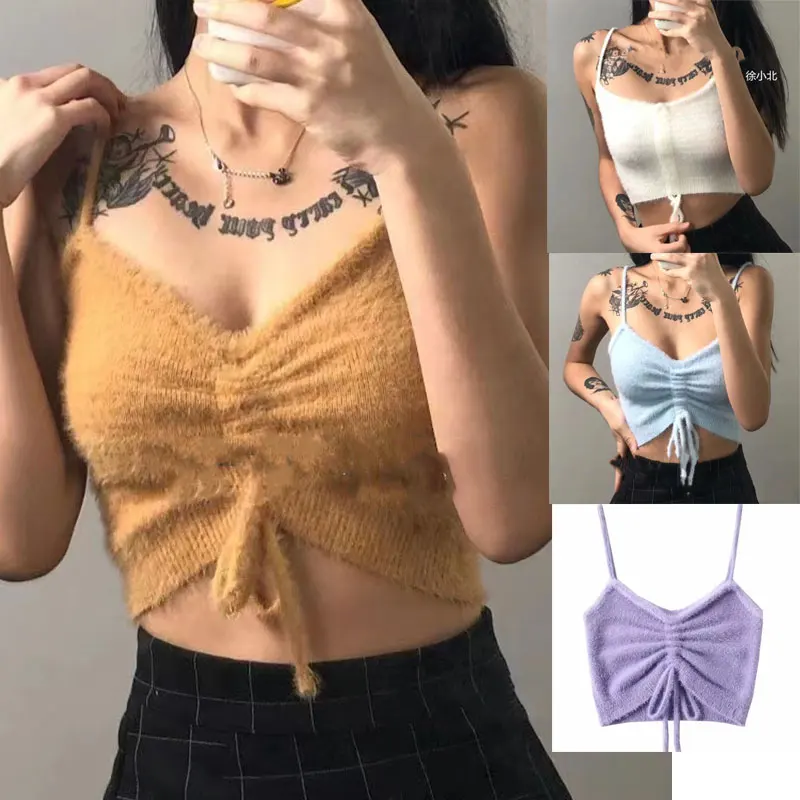 Fashion Wool Plush Clothes Adjustable Drawstring Women Crop Top Sling Belt and Mink Decoration Tank Tops