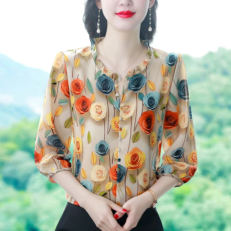 Elegant Fashion Printed Shirt For Women New Silk Chiffon Blouse 2024 Autumn 3/4 Sleeve Casual Pullovers Tops