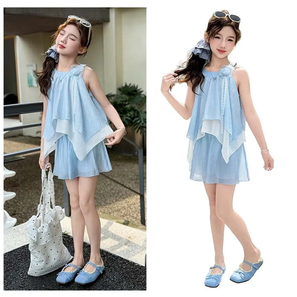 

3D Rose Flower Kids Ruffles Shorts Dress Korean Style Sleeveless Children Beach Dress Camisole Top Inside Shorts
