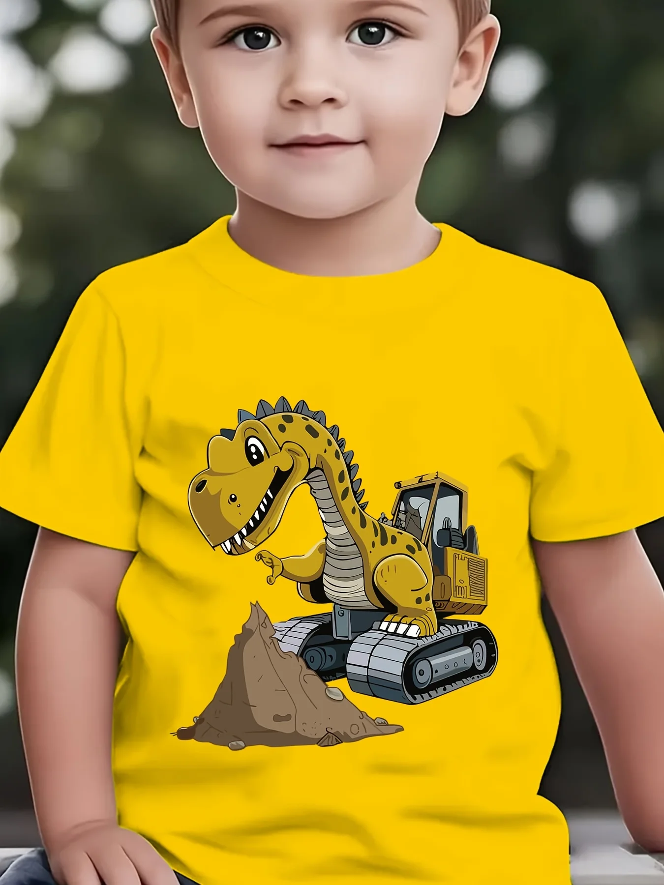 Children's Fashionable Short Sleeved Dinosaur Excavator Element Printed Outdoor Casual Top Personalized Parent-child Outfit