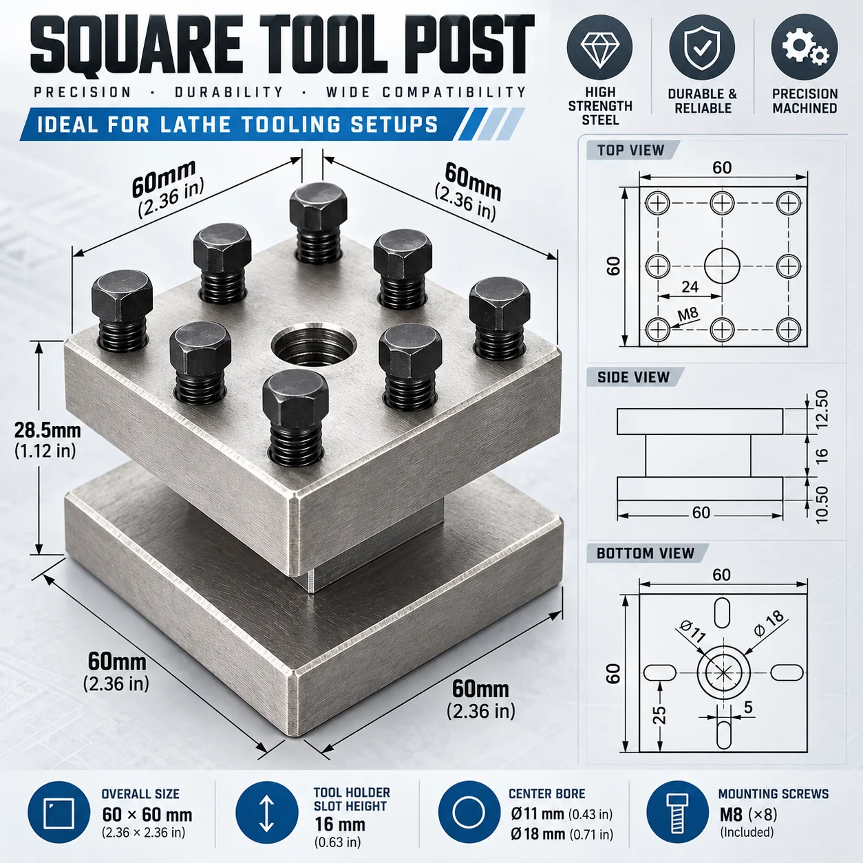 Square Tool Post Rest Metal Holder Secure Tool Holding for WM210V-212 BHC210 HS210 JY210V CTC210 Mini Lathe Spare Part