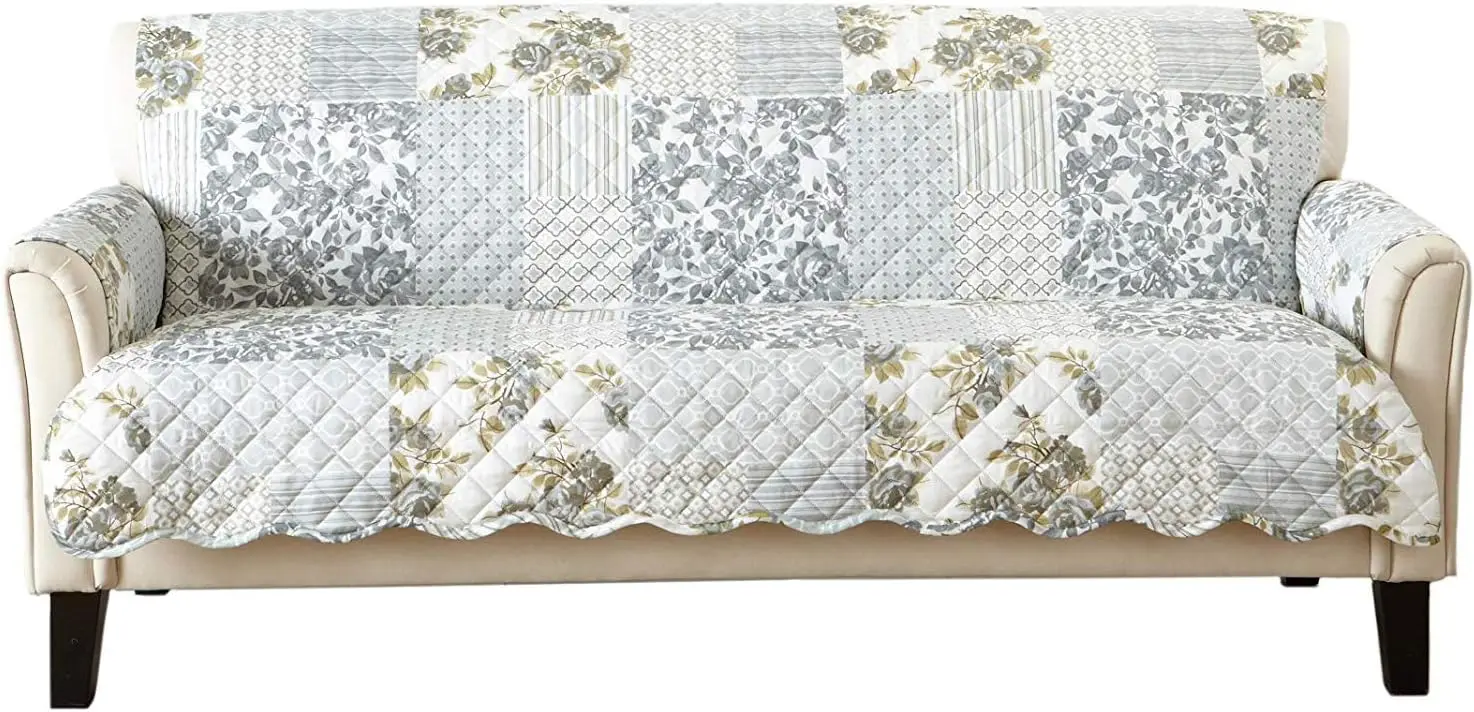 Reversible Patchwork Sofa Cover - Washable Slipcover with Elastic Straps for Pets and Kids, Grey