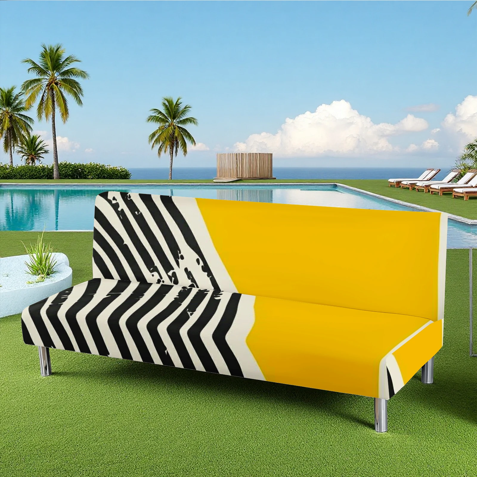 Bold Geometric Print Summer Outdoor Futon Cover, Elastic Milk Silk Sofa Bed Cover, Pet - Friendly, Washable