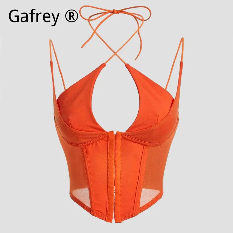 Chic Orange Mesh Bustier Top Women 2026 Sexy Geometric Cut out Boned Shaper Halter Cross Neck Hook and eye Corset Vest