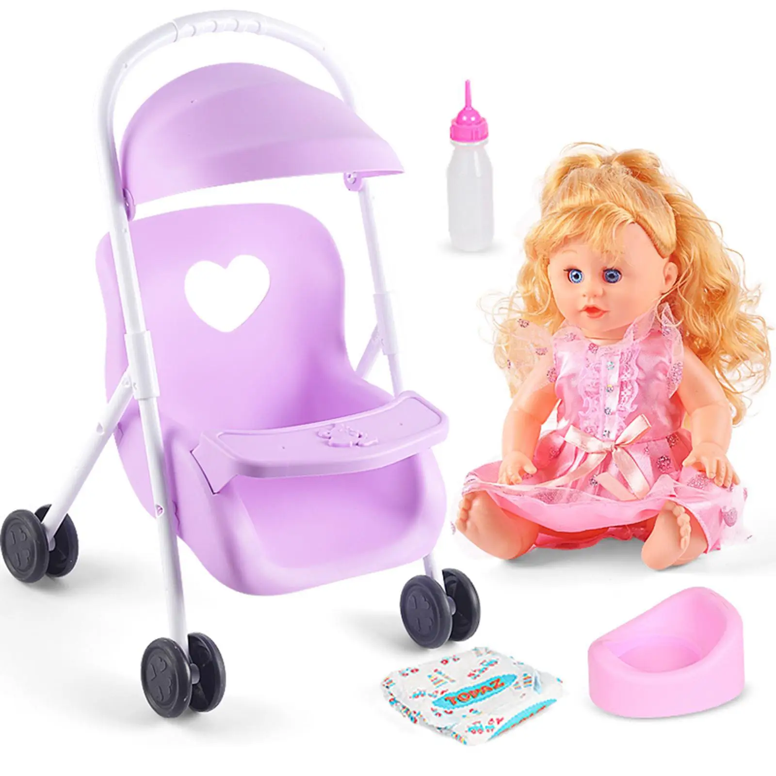 Toddler Dolls Pushchair Stroller for Baby Dolls Mini Plastic Doll Trolley Carrier for Girls Age 4-5 Years Old Birthday Gift Toy