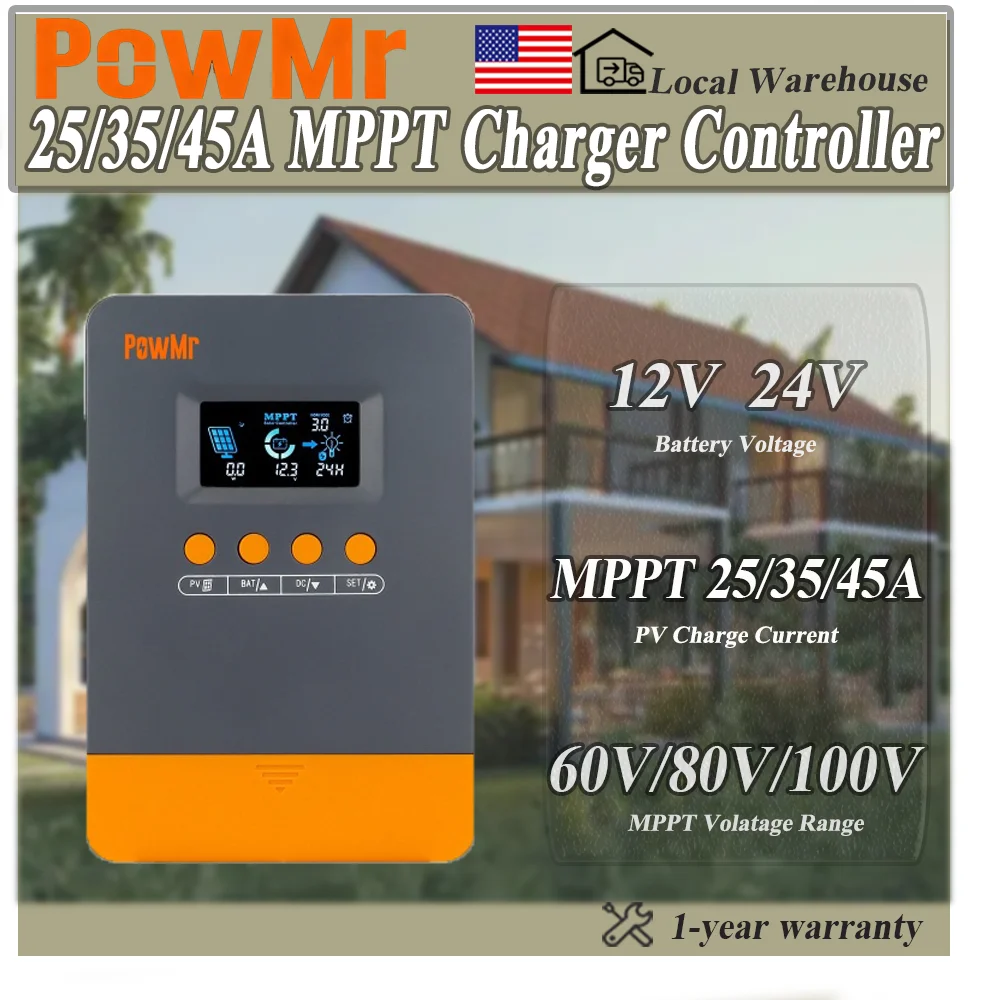 Kontroler ładowania solarnego POWMr MPPT 25A/35A/45A 12V 24V Auto Max PV 100V 1080W Wejście do akumulatorów kwasowo-ołowiowych, litowych, LiFePO4 z wyświetlaczem LCD, regulowane parametry do solarnych