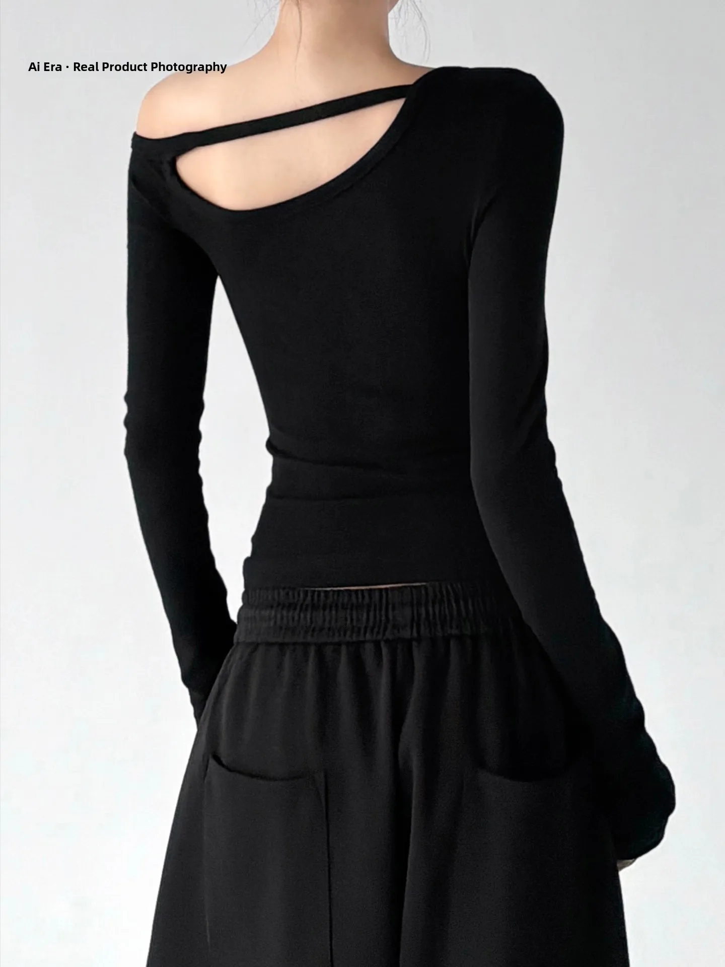 Slim Fit Long Sleeve T-Shirt Women's Black Sexy Shoulder Design Hollow out Base Shirt Trendy Campus Office Citywalk Party Travel