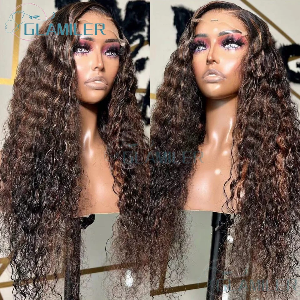 13x4 Silk Base Wigs Deep Curly Human Hair Wigs For Women Colored Dark Brown Mixed Highlight Deep Wave 5x5 Silk Top Closure Wigs