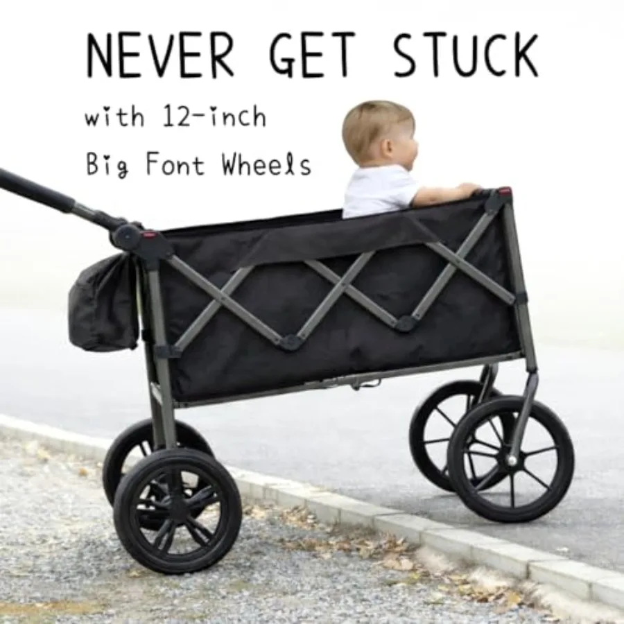 ' wagon for outdoor use, steel frame, red, 12'' big front wheels for all-terrain gliding over curbs and cracks, foldable with r