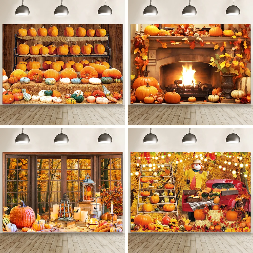 

Autumn Windows Scenery Pumpkin Scarecrow Backdrop Halloween Thanksgiving Leaves Baby Portrait Photo Background Photo Booth Props