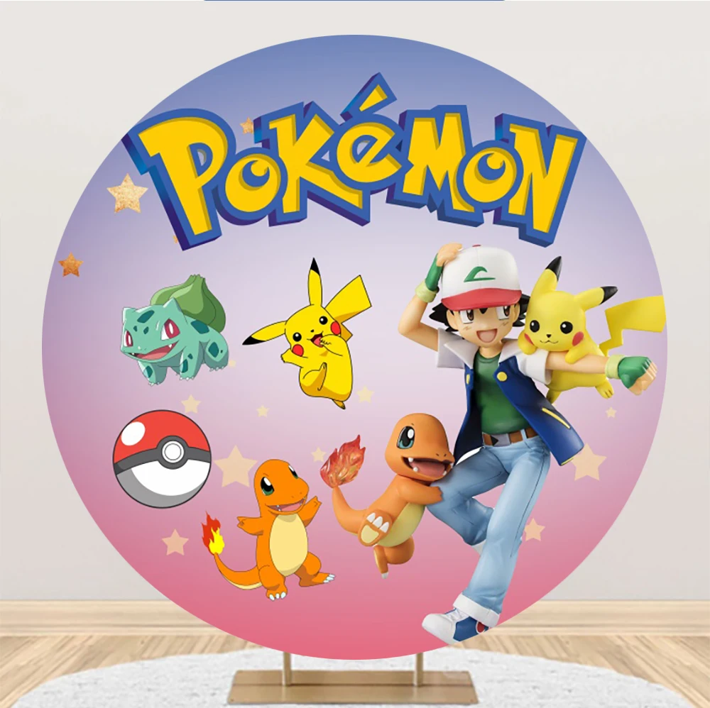 

Pokemon Kids Party Round Backdrop Customized Name Photo Happy Birthday Background Cartoon Pikachu Party Decoration Studio Props