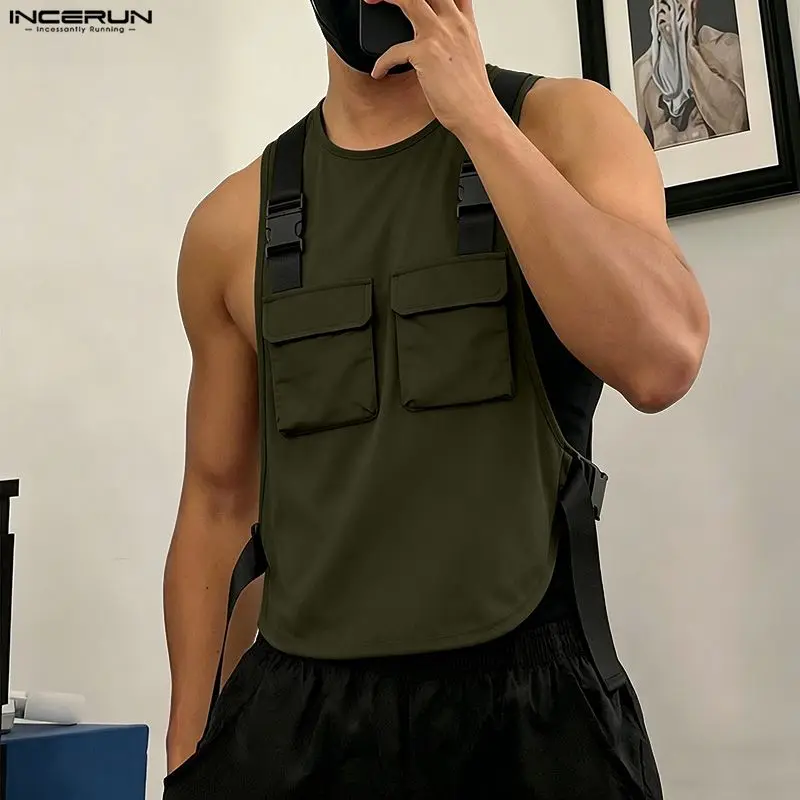 INCERUN Herren Tanktops Einfarbig O-Ausschnitt Ärmellos mit Taschen Herrenwesten Sommer Streetwear Locker 2026 Mode Lässige Herrenkleidung