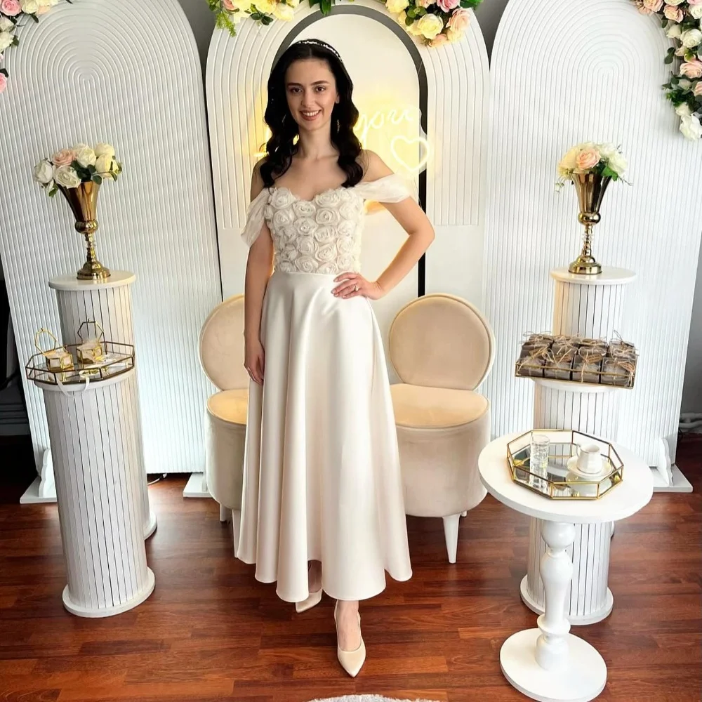 

Evening Satin Flower Draped Homecoming A-line Off-the-shoulder Bespoke Occasion Gown Midi Dresses Saudi Arabia