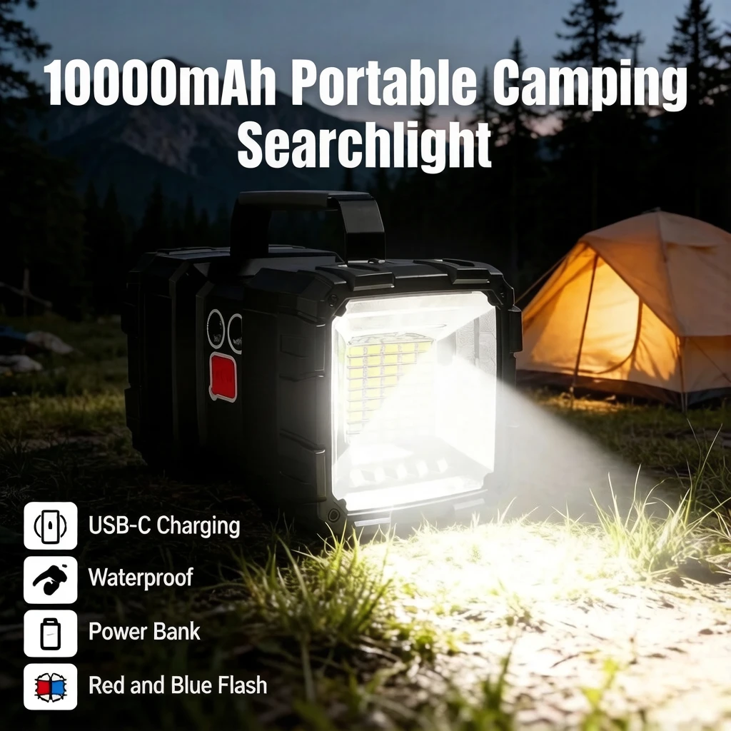 10000mAh Bright Spotlight Rechargeable Powerful Flashlight 7 Mode Dimmable Camping Searchlight Portable Torch For Fishing Hiking
