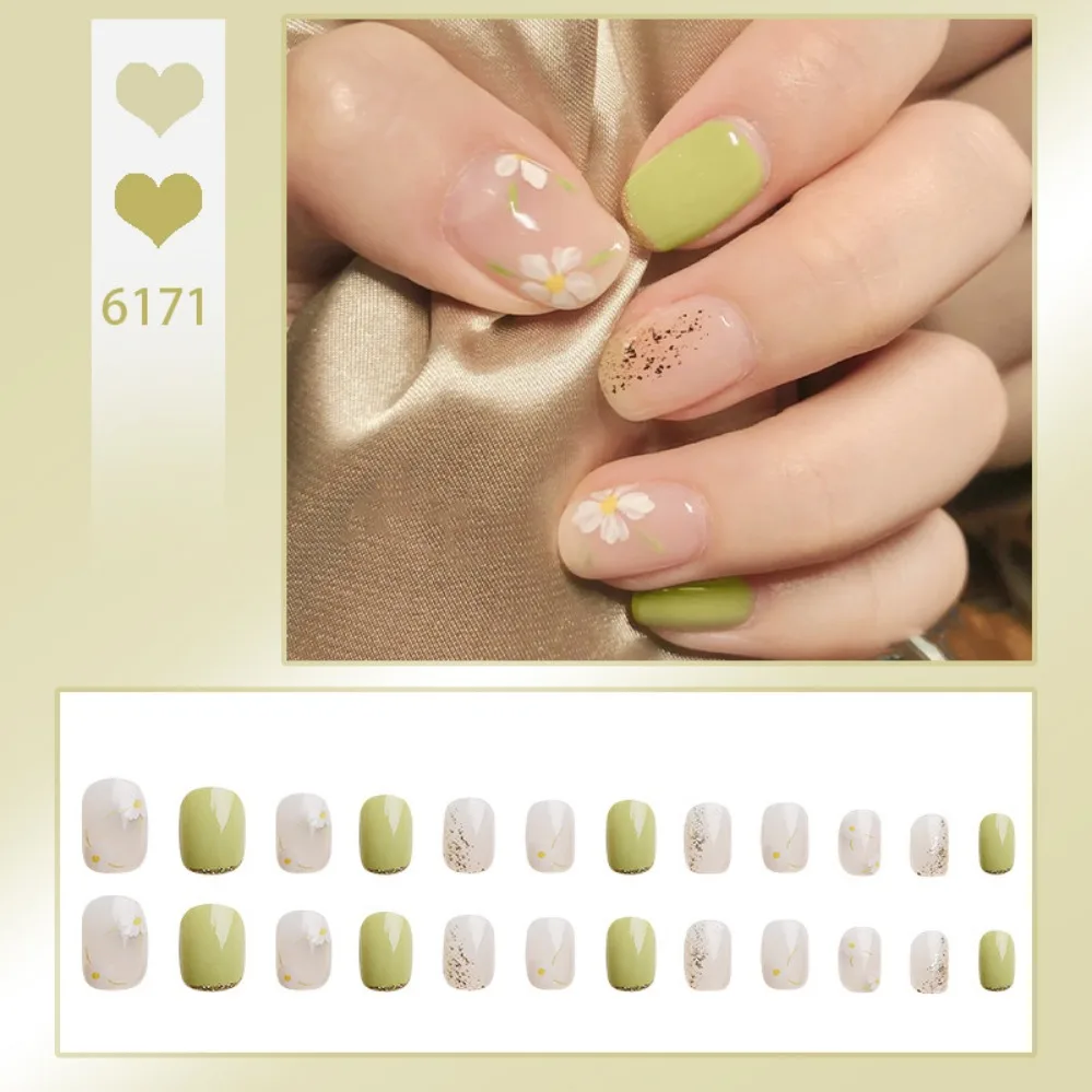 24 Stuks Kunstmatige Korte Kist Groene Geruite Vierkante Kop Nep Nagels Verwijderbare Pers Op Nagel Tips Volledige Dekking Nail Art Nep Nagels