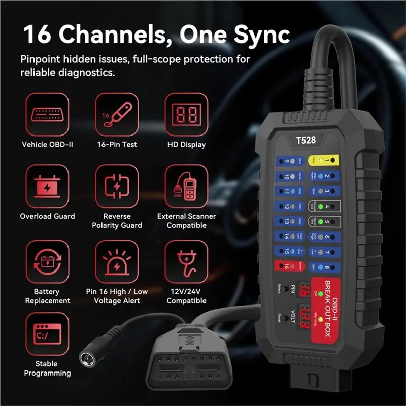 NEW-T528 OBD2 Breakout Box Diagnostic Scanner ECU Bench Test 16-Pin CAN Bus Circuit Tester For PWM VPW ISO Protocol 12V/24V