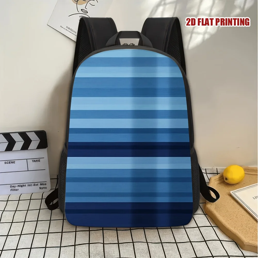 

1 Large Capacity Lightweight Travel Backpack - Blue Stripe Harmony 2D Flat Print Design, Washable Zipper Closure
