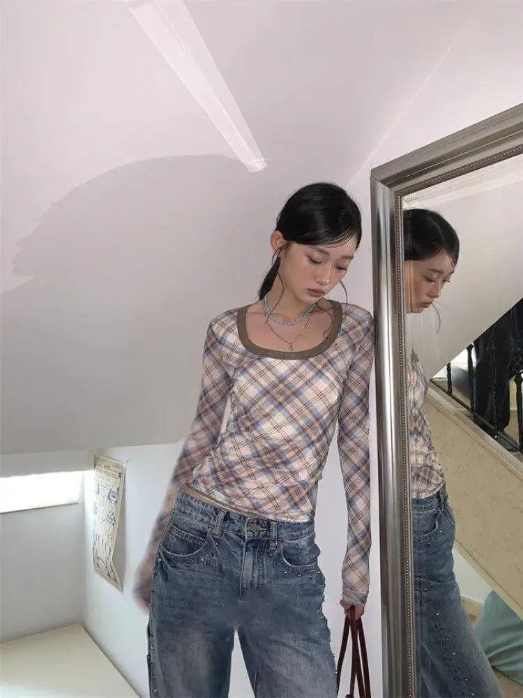 Tonngirls Vintage Plaid T Shirt Women Skinny Tee Tops Streetwear American Retro 90s Crop Tops See Through Tshirts Female Chic