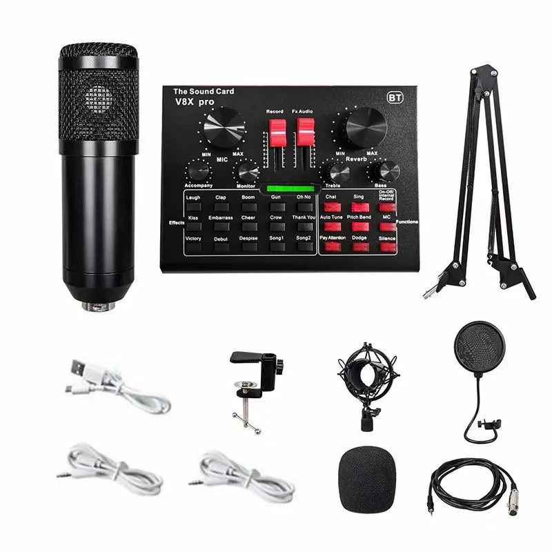 YYHC-Hot V8X sound card English 80 capacitor microphone set USB sound card live karaoke PC