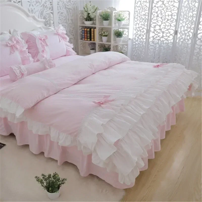 New Luxury Layers Bedding Set Sweet Princess Bow Ruffle Duvet Cover Wedding Bedding Pink Bed Sheet Girl Baby Bed Skirt Cover