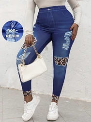 Women's Plus Size Long Pants Imitate Denim Print Leopard Patchwork Design Comfortable High Elasticity Knit Sports Trousers