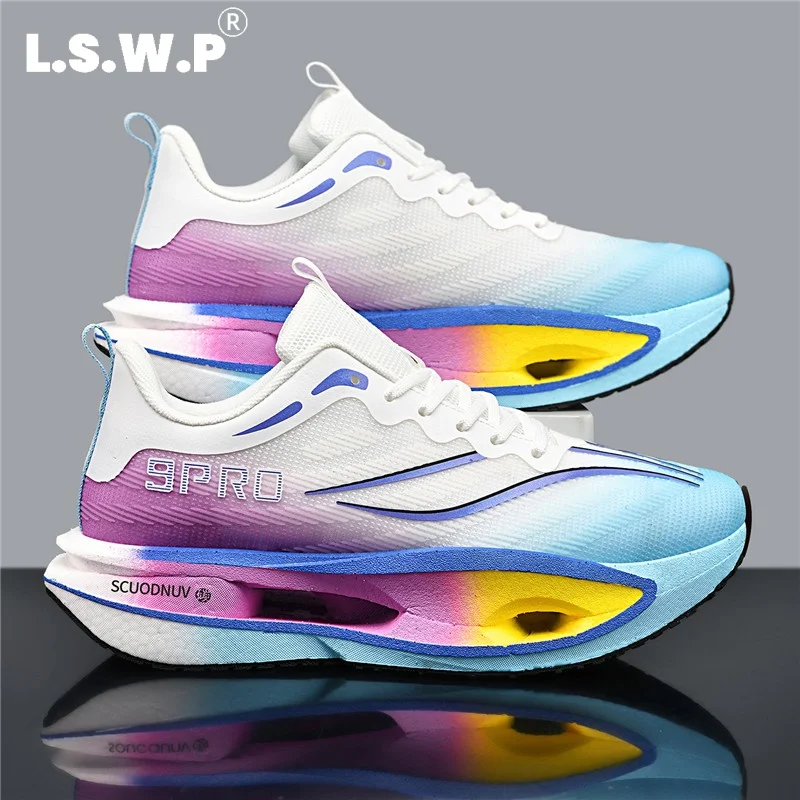 Tênis esportivos casuais masculinos, modelo 9Pro para casais, tênis de corrida masculinos, tênis esportivos modernos com design em degradê e malha, tênis de corrida com sola grossa, suspensão e alta elasticidade para absorção de impacto, respiráveis, leves, resistentes ao desgaste, ideais para treinos de fitness ao ar livre.