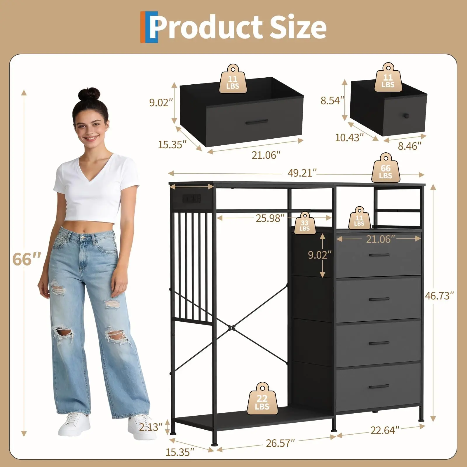 6 Drawer Dresser with Hanging Rack and LED Lighting, Reversible Wood Top Storage Tower with Charging Station, Sturdy Chest Organizer for Bedroom Closet