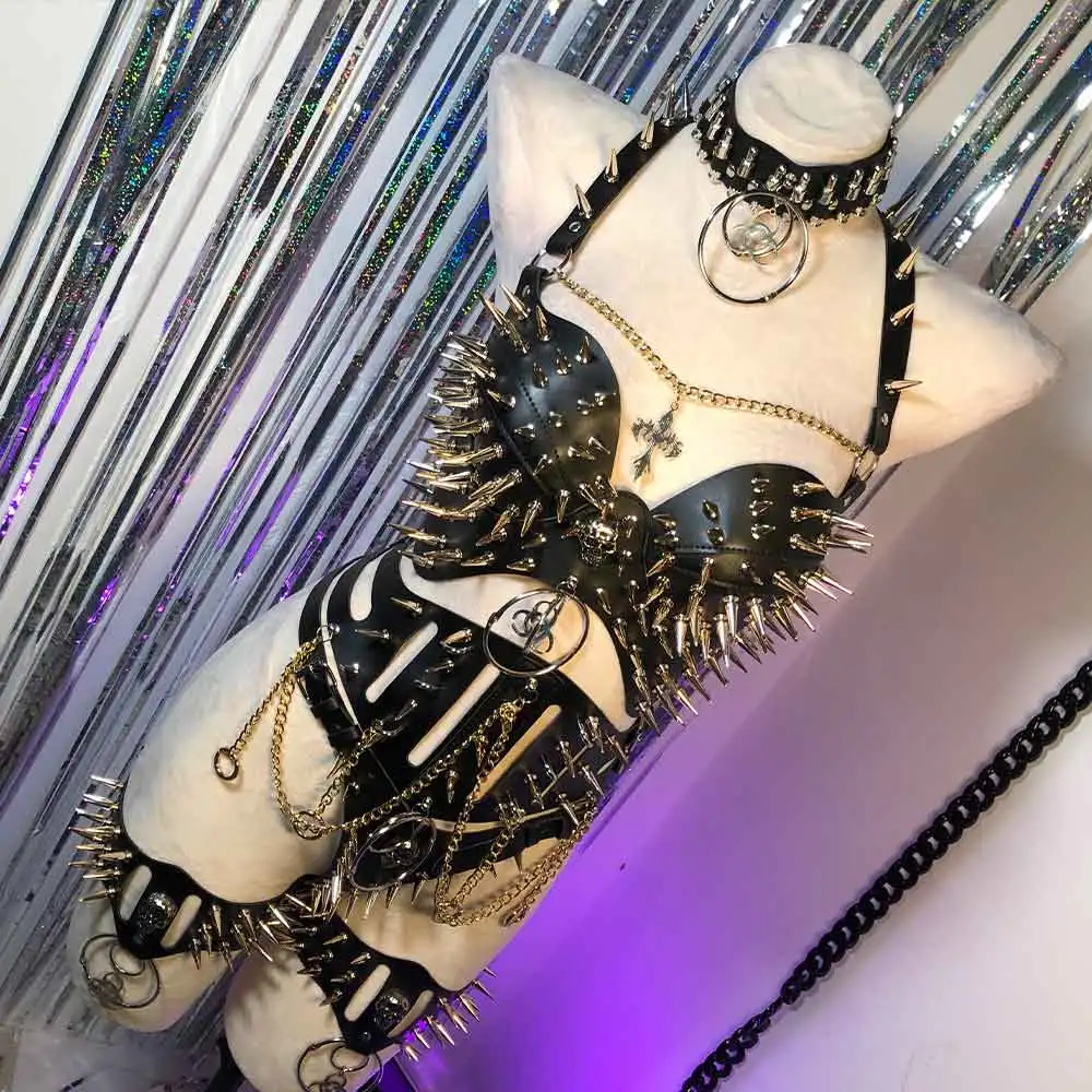 

Harajuku Chain Gothic Glitch Core Grunge PU Leather Emo Punk Rock Eco Kawaii Goth Studded Rivet Y2K Halter Camisole TOPS