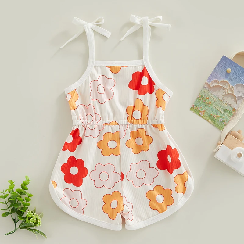 Toddler Baby Girl Summer Jumpsuit Cartoon Flower Print Sleeveless Sling Tie-Up Shorts Romper