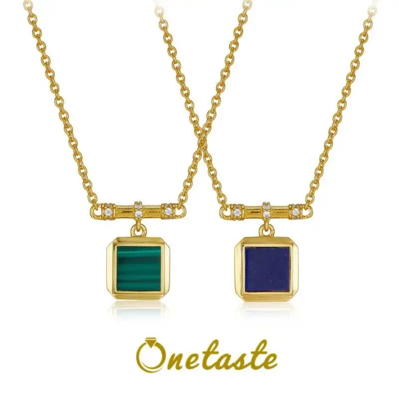 

925 Silver 18K Gold Malachite Lapis Lazuli Square Pendant Necklace Women Cubic Zirconia Simple Geometric Trendy Choker Necklaces