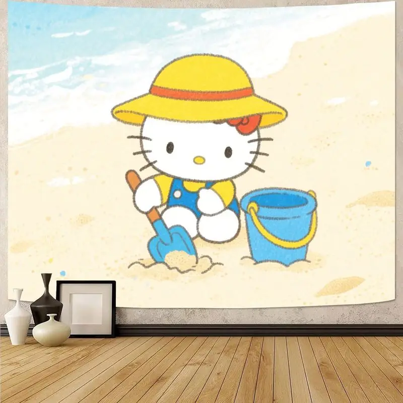 

1PC Sanrio Hello Kitty Summer Beach Sand Play Tapestry Kawaii Polyester Wall Art Decor for Girls Kids Bedroom Living Room Gift