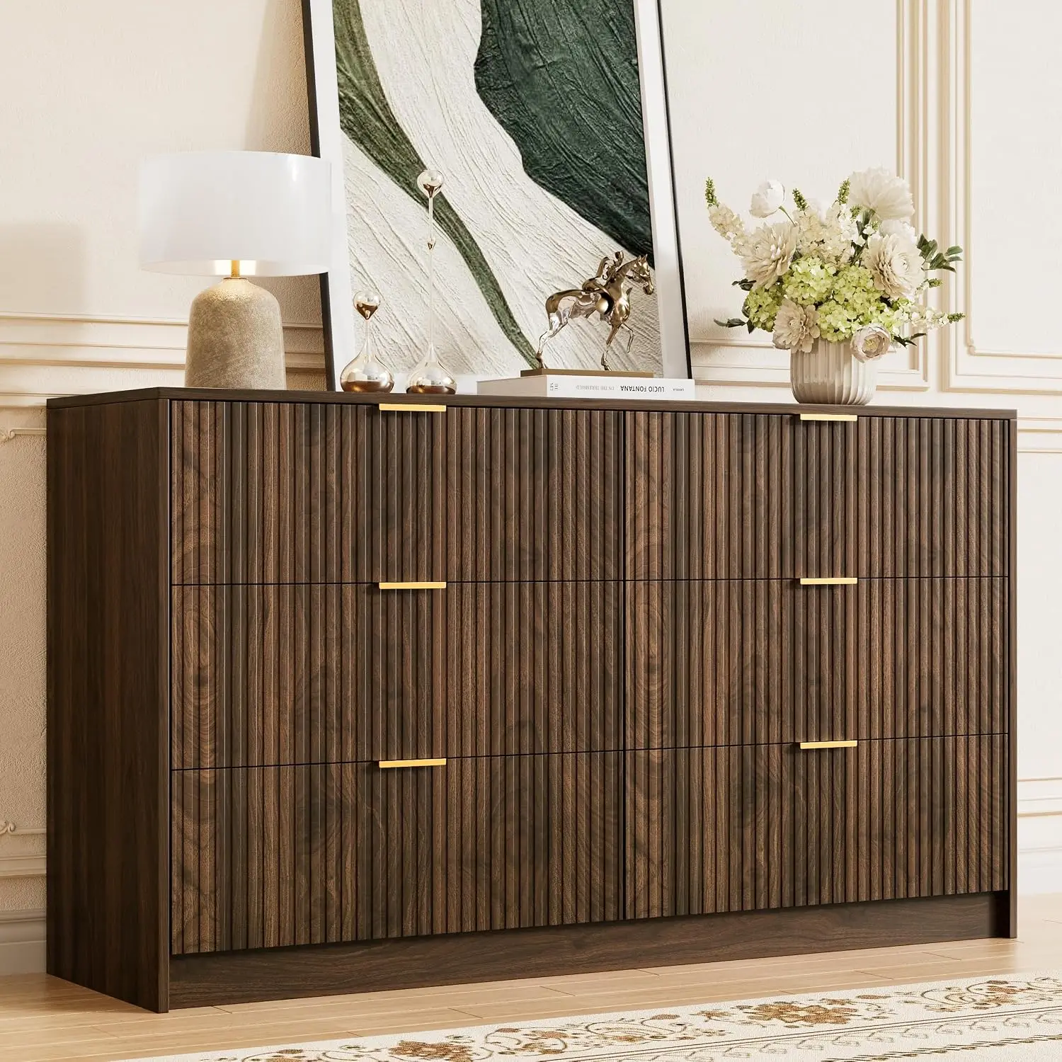 Modern Six Drawer Dresser Wide Storage Cabinet Wooden Chest Of Drawers Organizer Unit With Fluted Panel Accent For Bedroom Living Room Hallway Closet Walnut Brown One Pack