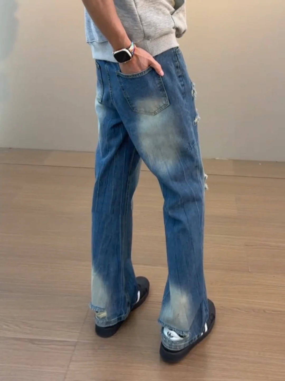 

Lightning Pattern Men's Jeans Spring Trendy High Street Washed Hole Denim Pants Slimming Straight Leg Zipper Fly mid Waist