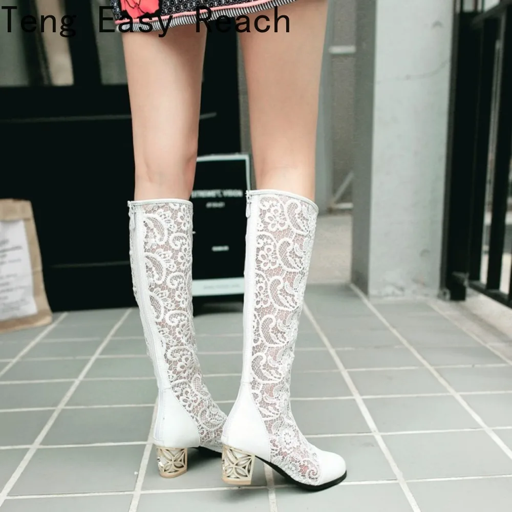 Spring Summer Boots Shoes Women Med Heels Knee Flower Lace Female Zipper Glitter Sexy White Big Size 43 44 45