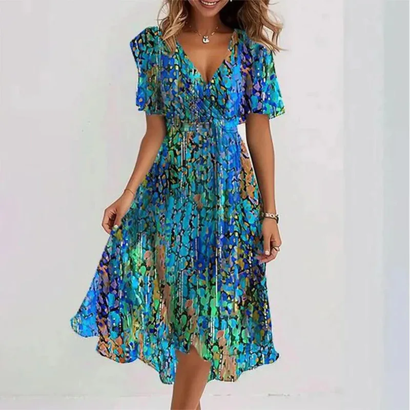 

Sexy Deep V-neck Print Women's Short-sleeved Dresses Summer Fashion Waist Elegant Swing Female Party Office Dresses
