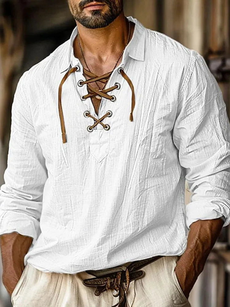 

Loose Cotton Linen Men's Shirt V-Neck Long Sleeve Home Wear Pullover Menswear T-Shirt Comfortable Breathable Sustainable Fashion