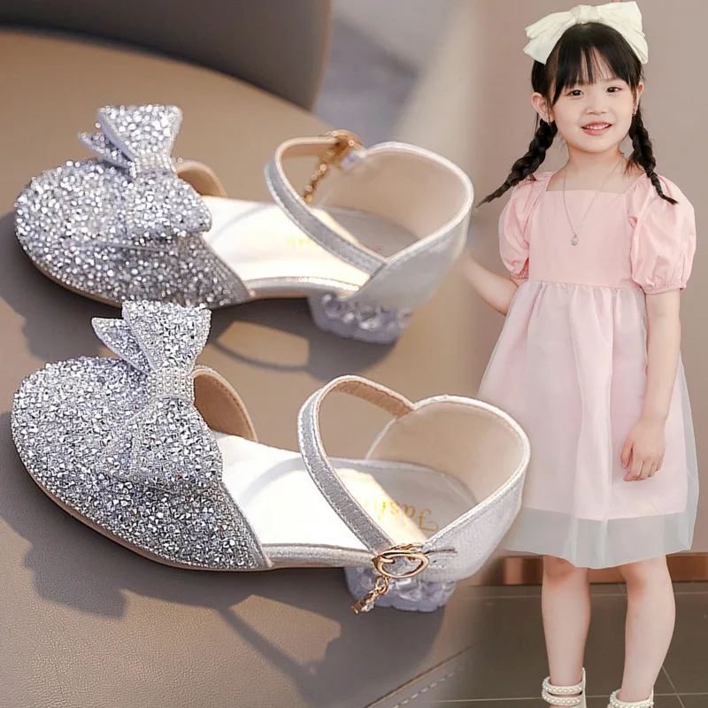 Luxury Diamonds Kids Elegant Lightweight Banquet with Heeled Shoes Baby Girls Summer Princess Fashion Bow Soft Sequined Sandals