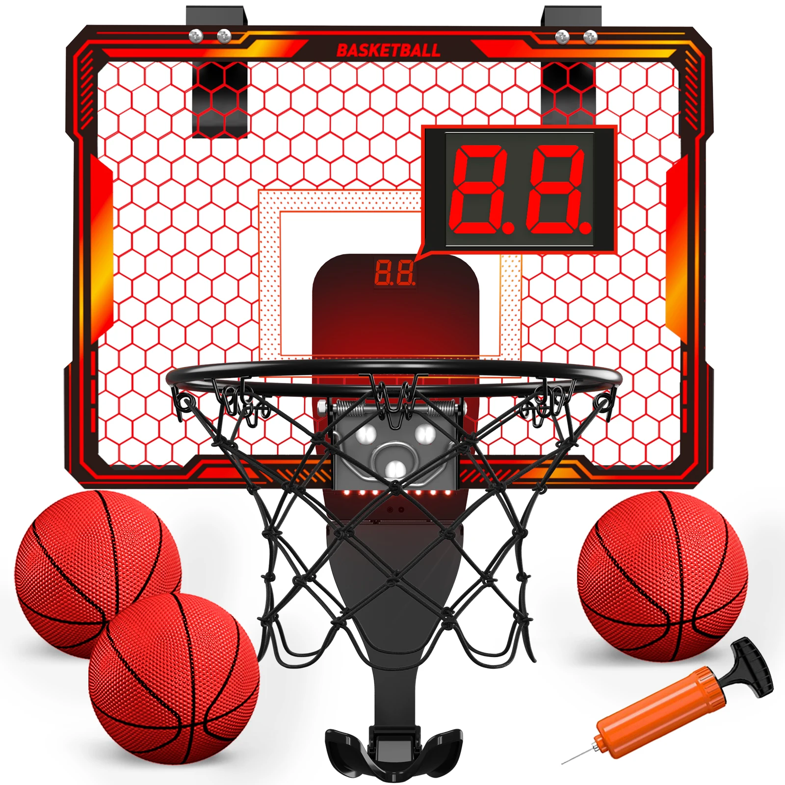 Image of Basketballkorb für drinnen, Mini-Basketballkorb mit 7 LED-Leuchten, Anzeigetafel, Basketballkorb für die Tür mit 3 Modi, Lautstärkeregelung, faltbar, Basketballspielzeug für Kinder, Geburtstags-,