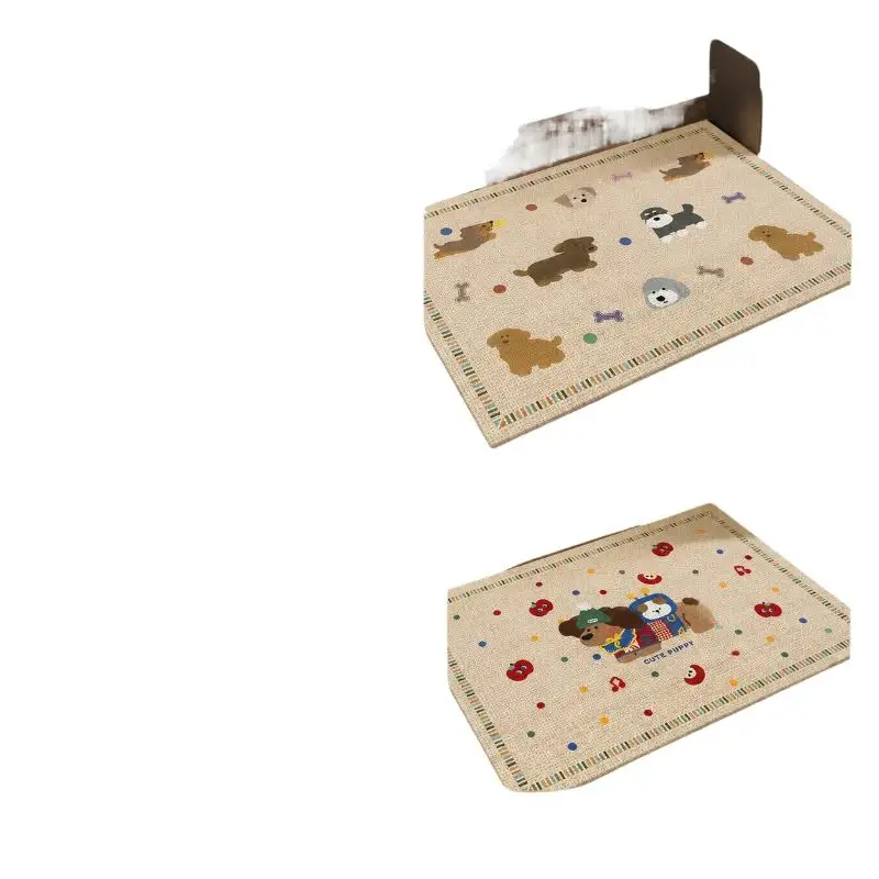 Home Entrance Kids Playroom Floor Mat Cartoon Puppy Pattern Linen Texture Rug Non Slip Backing Holder