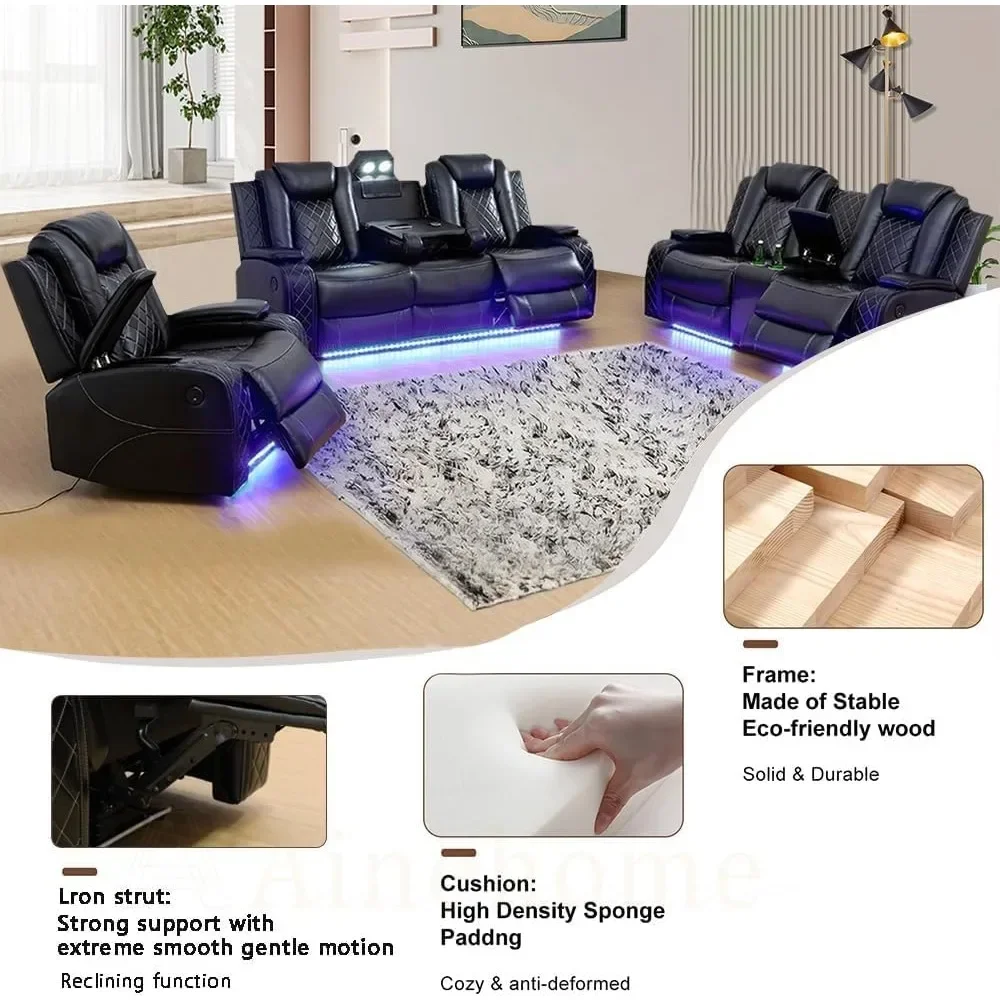 Multifunctionele Power Air Lederen Fauteuil Sofa Set Met Led-Verlichting, Woonkamer Meubels, Ligbank, Loveseat