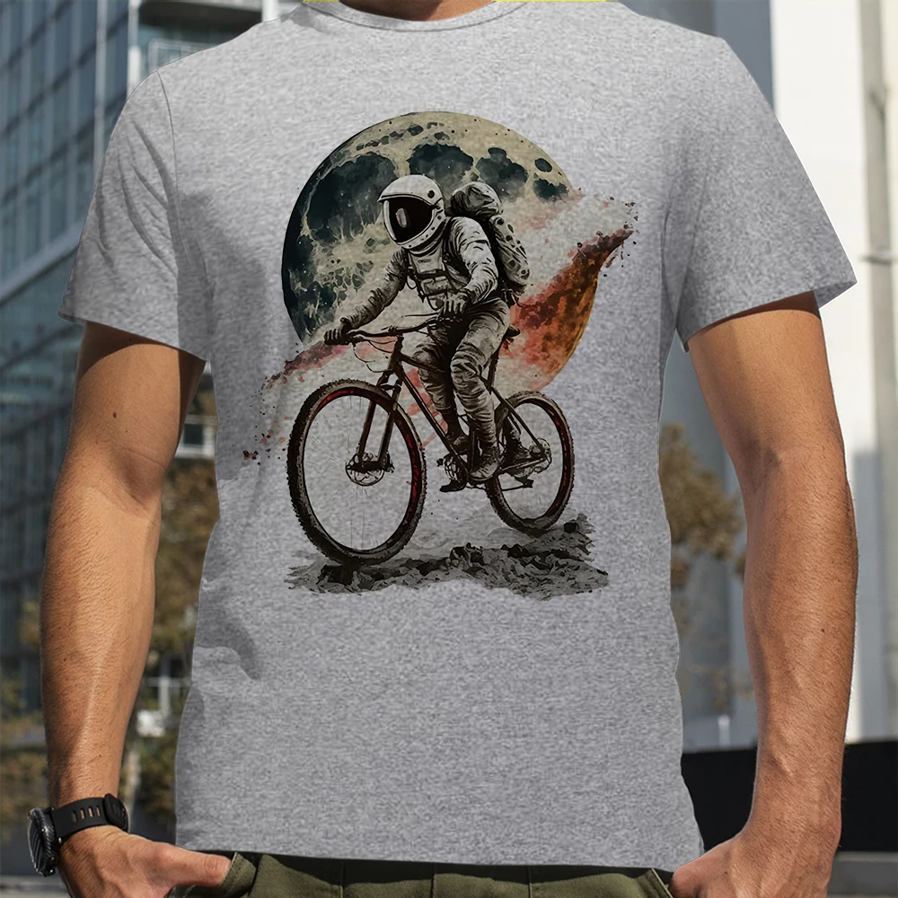 Summer Breathable Short Sleeve Loose Oversized Tee Unisex Mountain Bike Sport Astronaut Ride Bicycle to the Moon Hipster Man Tee