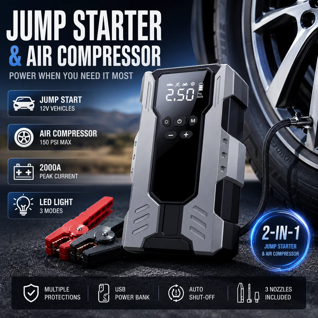 Fonte de Energia de Emergência Multifuncional 7 em 1 com Bomba de Ar, Iniciador de Bateria de Carro Portátil 150PSL, Inflador Digital de Pneus