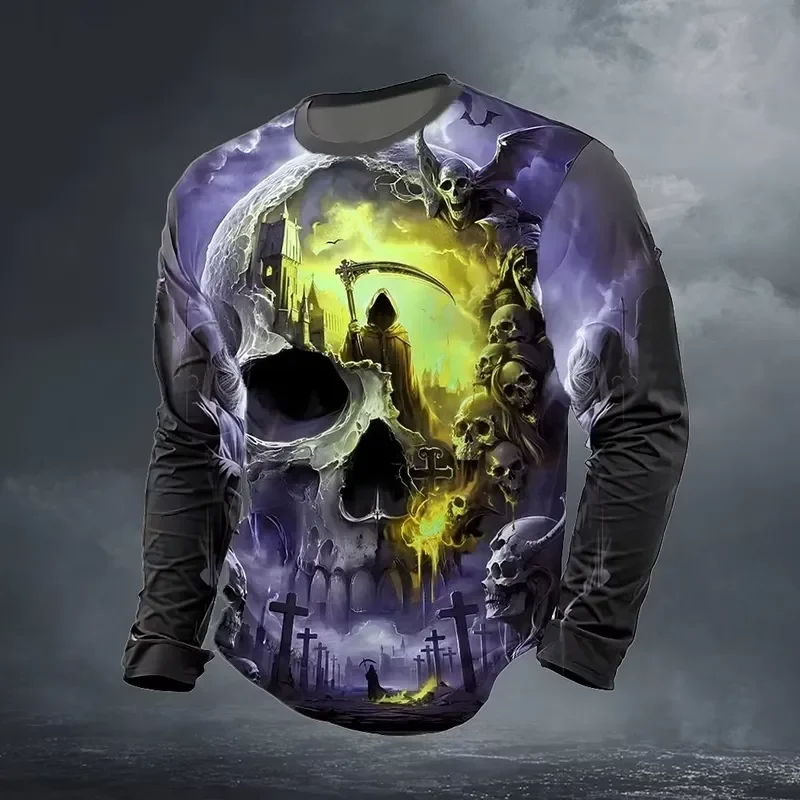 3D Print Casual Long Sleeve Men Horror Halloween Tee Grim Reaper Skull Castle Graveyard Bat Cross 2026 Family Matching