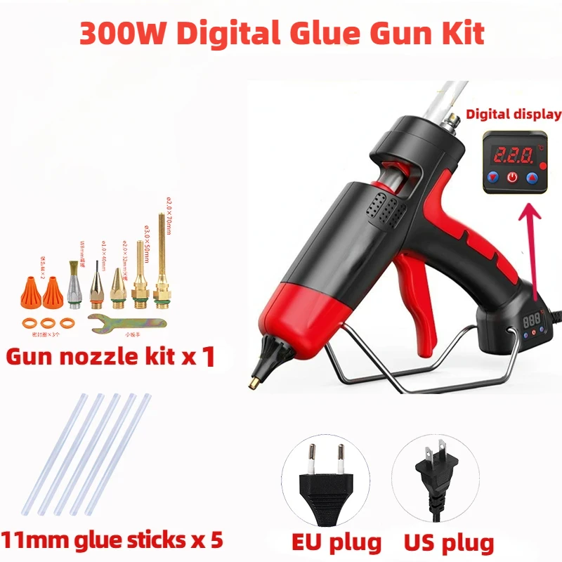 300W Hot Glue Gun Kit with 11mm Glue Stick,Copper Nozzle Digital Adjustable Temperature Professional Silicone Gun DIY Craft Tool