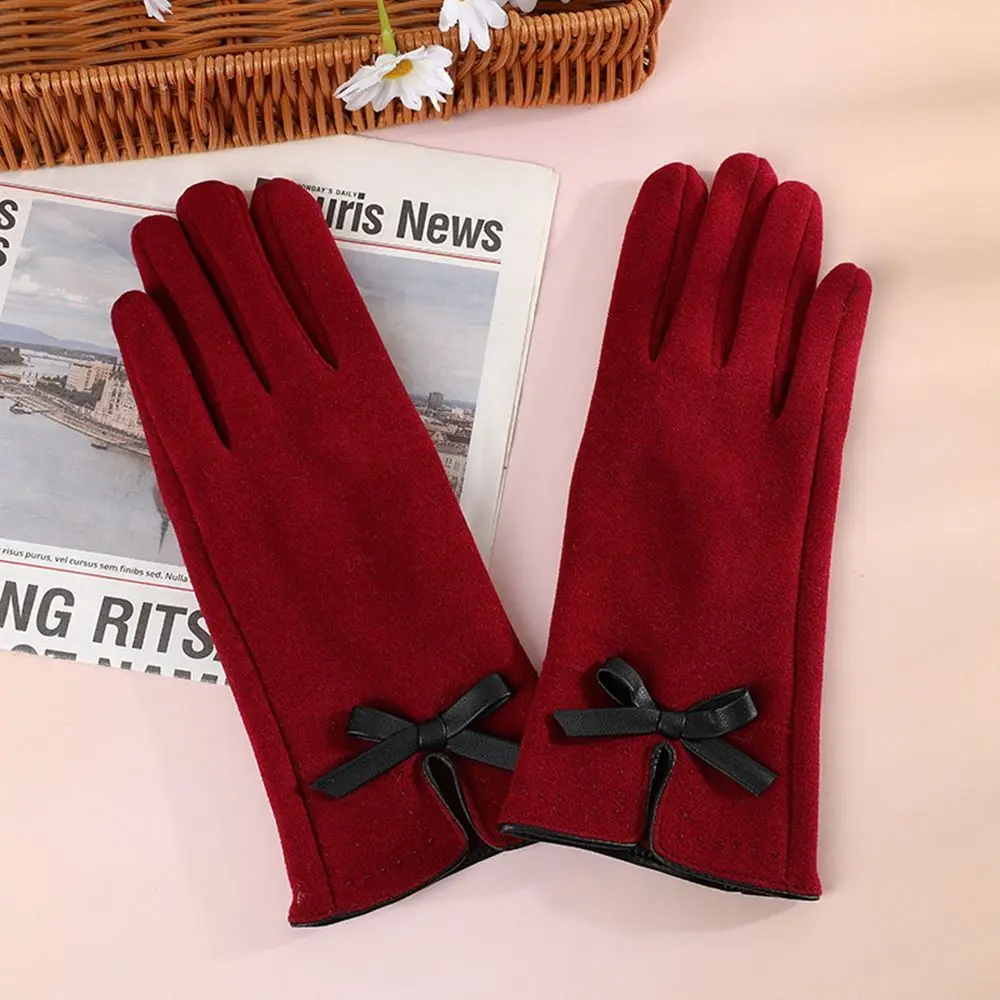 Simple Thick Bow Women Driving Gloves Elastic Female Gloves Suede Leather Mittens Full Finger Gloves Touch Screen Gloves